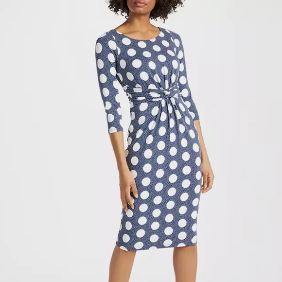 Boden Michelle Jersey Dress Blue Polka Dot 3/4 Sleeve Knee Length Sz 6 R - Picture 1 of 9